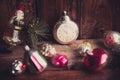 Retro Alarm Clock, Vintage Leather Suitcases, Old Fashioned Christmas Tree Decorations, copy space for your text Royalty Free Stock Photo