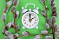 Retro alarm clock with willows branches on green background. Royalty Free Stock Photo