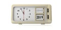 Retro alarm clock year change from 2018 to 2019, midnight, isolated on white background. 3d illustration