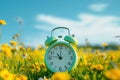 Retro alarm clock among yellow flowers, generative ai Royalty Free Stock Photo