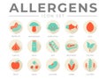 Retro Allergens Icon Set. Allergens, Mushroom, Shellfish, Fish, Egg, Garlic, Milk, Soy Red Meat, Celery, Fruit, Seed, Legume and Royalty Free Stock Photo