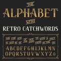 Retro alphabet vector font with catchwords. Royalty Free Stock Photo