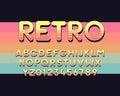 Retro alphabet in yellow and orange stripes. Vector round and bold font. Cartoon, anime, videogames and other subjects