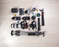 Retro analog film camera, DSLR camera, tripod, flash, lenses and other photography equipment and accessories
