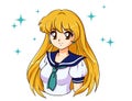 Retro anime girl with blonde hair in japanese school uniform. 90`s anime style hand drawn vector illustration. Can be used for