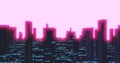 Retro anime inspired dark cyberpunk city at night skyline with buildings