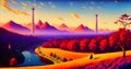 Retro Anime Landscape Digital Painting Wall art Generative AI