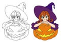 Retro anime witch sitting on Jack o lantern. Hand drawn vector illustration for coloring book