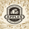 Retro apples label on harvest landscape Royalty Free Stock Photo