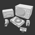 Retro appliances, set of vintage machinery. Coloring page with Collection of retro vintage radio, TV, photo cameras
