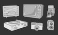 Retro appliances, set of vintage machinery. Coloring page with Collection of retro vintage radio, TV, photo cameras