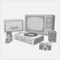 Retro appliances, set of vintage machinery. Coloring page with Collection of retro vintage radio, TV, photo cameras