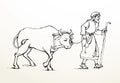 Vector drawing. A man leads an ox