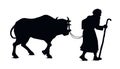 Vector drawing. A man leads an ox