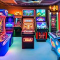 A retro arcade game room with classic pinball machines, neon signs, and vintage video game consoles1, Generative AI Royalty Free Stock Photo