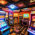 A retro arcade game room with classic pinball machines, neon signs, and vintage video game consoles5, Generative AI Royalty Free Stock Photo