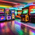 A retro arcade game room with classic pinball machines, neon signs, and vintage video game consoles4, Generative AI Royalty Free Stock Photo