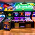 A retro arcade game room with classic pinball machines, neon signs, and vintage video game consoles3, Generative AI Royalty Free Stock Photo