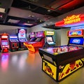 A retro arcade game room with classic pinball machines, neon signs, and vintage video game consoles2, Generative AI Royalty Free Stock Photo