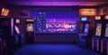 Retro Arcade with City View at Night Royalty Free Stock Photo