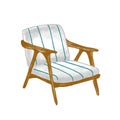 Retro armchair flat vector illustration. Vintage wooden chair with blue striped upholstery isolated on white background Royalty Free Stock Photo