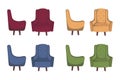 Retro armchair set. Soft upholstery chair, comfortable seat, lobby, lounge room, living, bedroom furniture. Vector flat