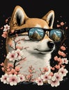 retro art of cute shiba inu dog using cool glasses with sakura flowers petals