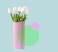Retro artistic background with tulips in a vase and circular elements.