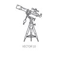 Retro astronomy lens telescope vector line icon. Summer travel vacation, tourism, camping. 1960s style. Starry night sky