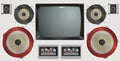 Retro audio-video equipment. Vintage equipment televisions and cassette recorders. Analog media technology of the past.