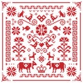 Retro Austrian and German cross-stitch vector floral pattern, symmetric emrboidery tile design with birds, dogs, cows, hearts and