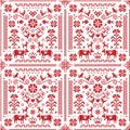 Retro Austrian and German cross-stitch vector seamless floral pattern, symmetric emrboidery tile design with birds, dogs, cows, he