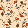 Retro Autumn pattern with berries,pine cone,nuts,flowers and l Royalty Free Stock Photo