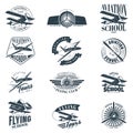 Retro Aviation set of 12 monochrome badges. Vintage Vector Airplane Labels, design elements and emblems.