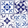 Retro Azulejo Mosaic Tile, Vintage Portuguese Wall Ceramic Seamless Pattern, Old Blue Tiles Background Royalty Free Stock Photo