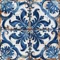 Retro Azulejo Mosaic Tile, Vintage Portuguese Wall Ceramic Seamless Pattern, Old Blue Tiles Background Royalty Free Stock Photo