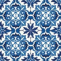 Retro Azulejo Mosaic Tile, Vintage Portuguese Wall Ceramic Seamless Pattern, Old Blue Tiles Background Royalty Free Stock Photo