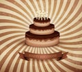 Retro background with birthday chocolate cake.