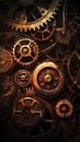 Retro background with brass gears. Steampunk background. Orange color toned