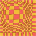 Retro background with cyber distorted shape, checkered pattern. Convex geometry shape in retro trippy 60s, 70s style