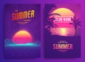 Retro background futuristic landscape 1980s style. Cocktail party, Electronic music fest, electro summer poster Royalty Free Stock Photo