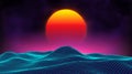 Retro background futuristic landscape 1980s style. Digital retro landscape cyber surface. Retro music album cover