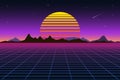 Retro background futuristic landscape 1980s style. Digital retro landscape cyber surface. Retro music album cover
