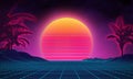Retro background futuristic landscape 1980s style. Digital retro landscape cyber surface. 80s party background . Retro