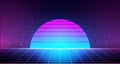 Retro background with laser grid, abstract landscape with sunset and star sky. Vaporwave, synthwave 80s cyberpunk style