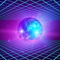 Retro background with laser rays and mirror ball. Disco party 80s poster template. Vector illustration Royalty Free Stock Photo