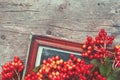 Retro a background with red berries and old photoframework Royalty Free Stock Photo