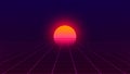 Retro background. 80s style. Futuristic retro horizon landscape with sun and neon light grid. 3D-rendering.