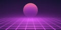 Retro background in style of 80s, 90s. Neon purple sun with striped gradient lines and grid perspective floor on dark Royalty Free Stock Photo
