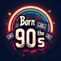 A distressed retro badge design with text \'Born in the 90s\', featuring cassette tapes, floppy disks Royalty Free Stock Photo